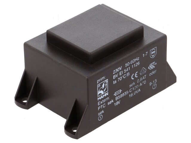 Transformator: ingegoten; 16VA; 230VAC; 18V; 889mA; PCB; BVEI Transformator: ingegoten; 16VA; 230VAC; 18V; 889mA; PCB; BVEI